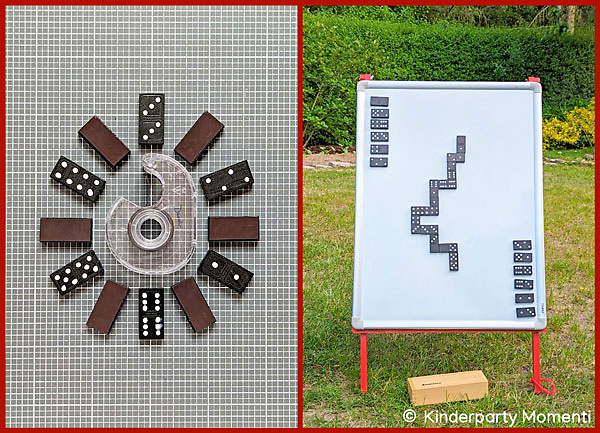 Bild1: Magnetischer Klebestreifen und Dominosteine liegen auf einer dunklen Unterlage, Bild 2: Magnettafel mit Dominosteinen im Garten