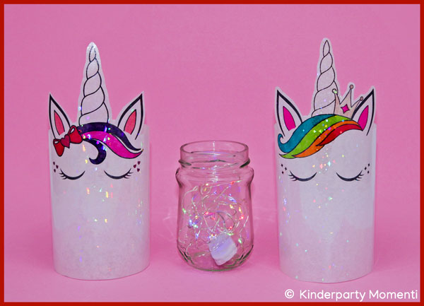 zwei DIY Einhorn Windlichter & ein Glas mit bunter Lichterkette