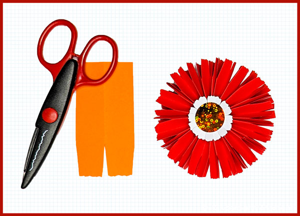Form Vorlage für eine rote Papierblume und eine Schere