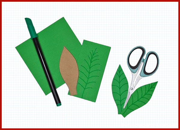 Schere und grüner Stift, Blätter für Papierblumen